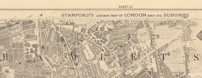 Mapa antiguo de East London en 1862 de Edward Stanford - Isla de Perros, Tower Hamlets, Limehouse, Poplar, Surrey Quays - E1, E3, E14, SE16