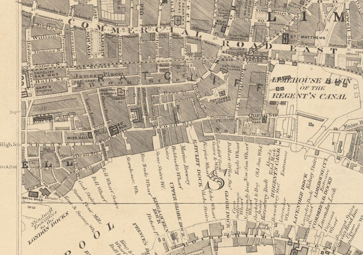Mapa antiguo de East London en 1862 de Edward Stanford - Isla de Perros, Tower Hamlets, Limehouse, Poplar, Surrey Quays - E1, E3, E14, SE16
