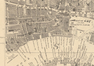 Mapa antiguo de East London en 1862 de Edward Stanford - Isla de Perros, Tower Hamlets, Limehouse, Poplar, Surrey Quays - E1, E3, E14, SE16