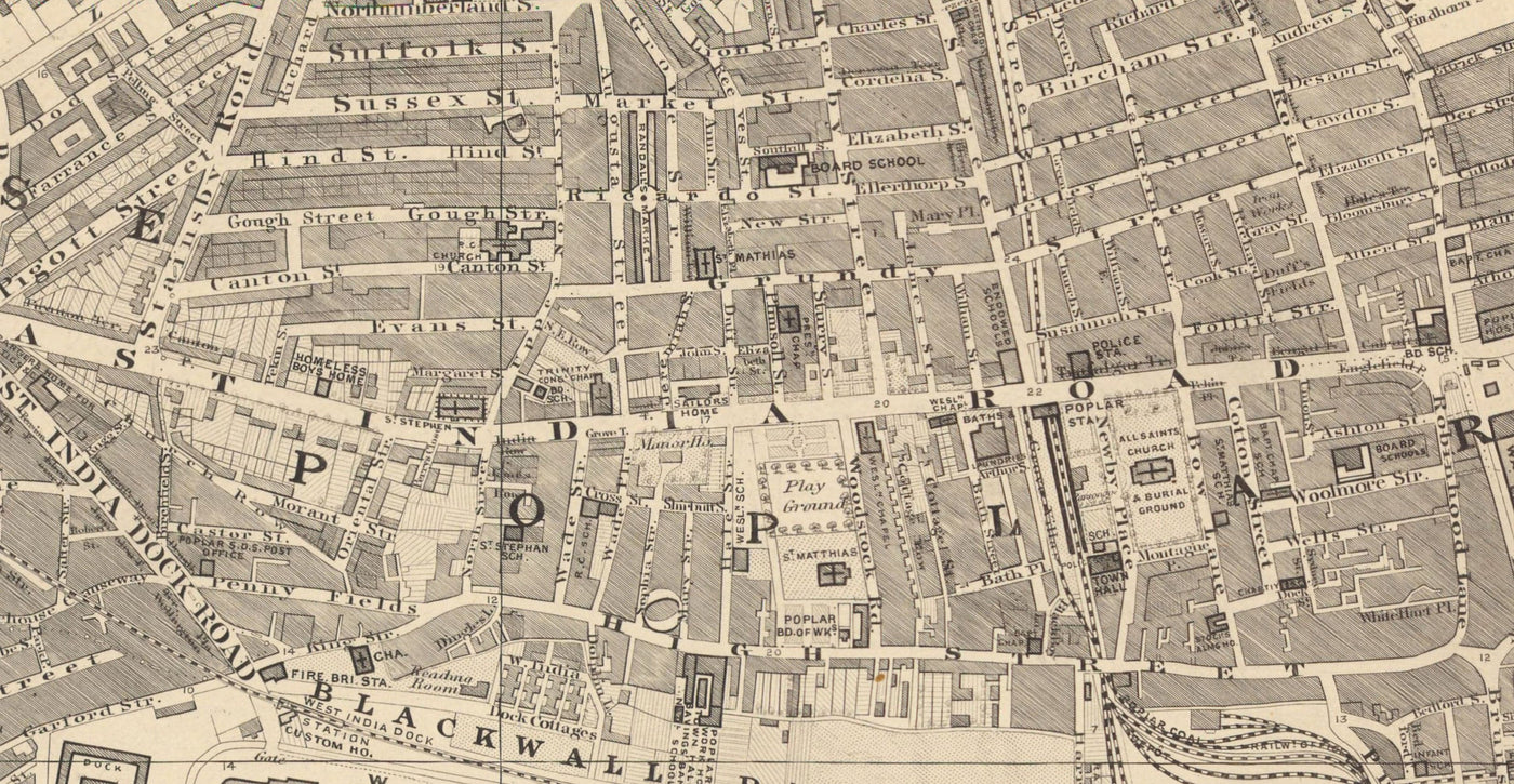 Mapa antiguo de East London en 1862 de Edward Stanford - Isla de Perros, Tower Hamlets, Limehouse, Poplar, Surrey Quays - E1, E3, E14, SE16