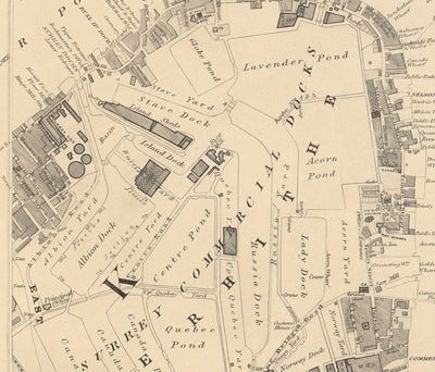 Mapa antiguo de East London en 1862 de Edward Stanford - Isla de Perros, Tower Hamlets, Limehouse, Poplar, Surrey Quays - E1, E3, E14, SE16