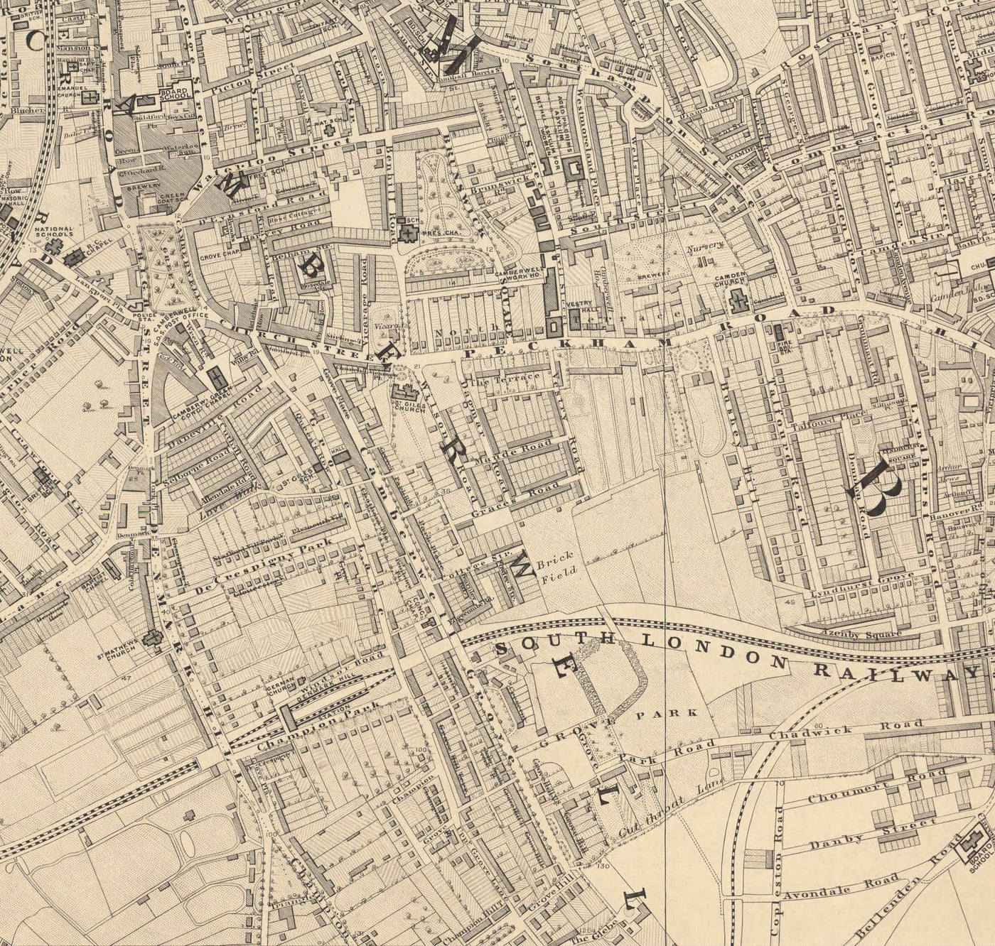 Old Map of South London by Edward Stanford, 1862 - Camberwell, Peckham, Walworth, Nunhead, Old Kent Road - SE5, SE17, SE15, SE1, SE16