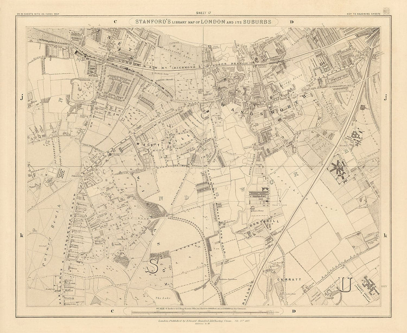 Mapa antiguo del sur de Londres por Edward Stanford, 1862 - Wandsworth, Wimbledon, Putney, Earlsfield, River Wandle - SW15, SW18, SW19
