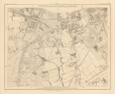 Mapa antiguo del sur de Londres por Edward Stanford, 1862 - Wandsworth, Wimbledon, Putney, Earlsfield, River Wandle - SW15, SW18, SW19