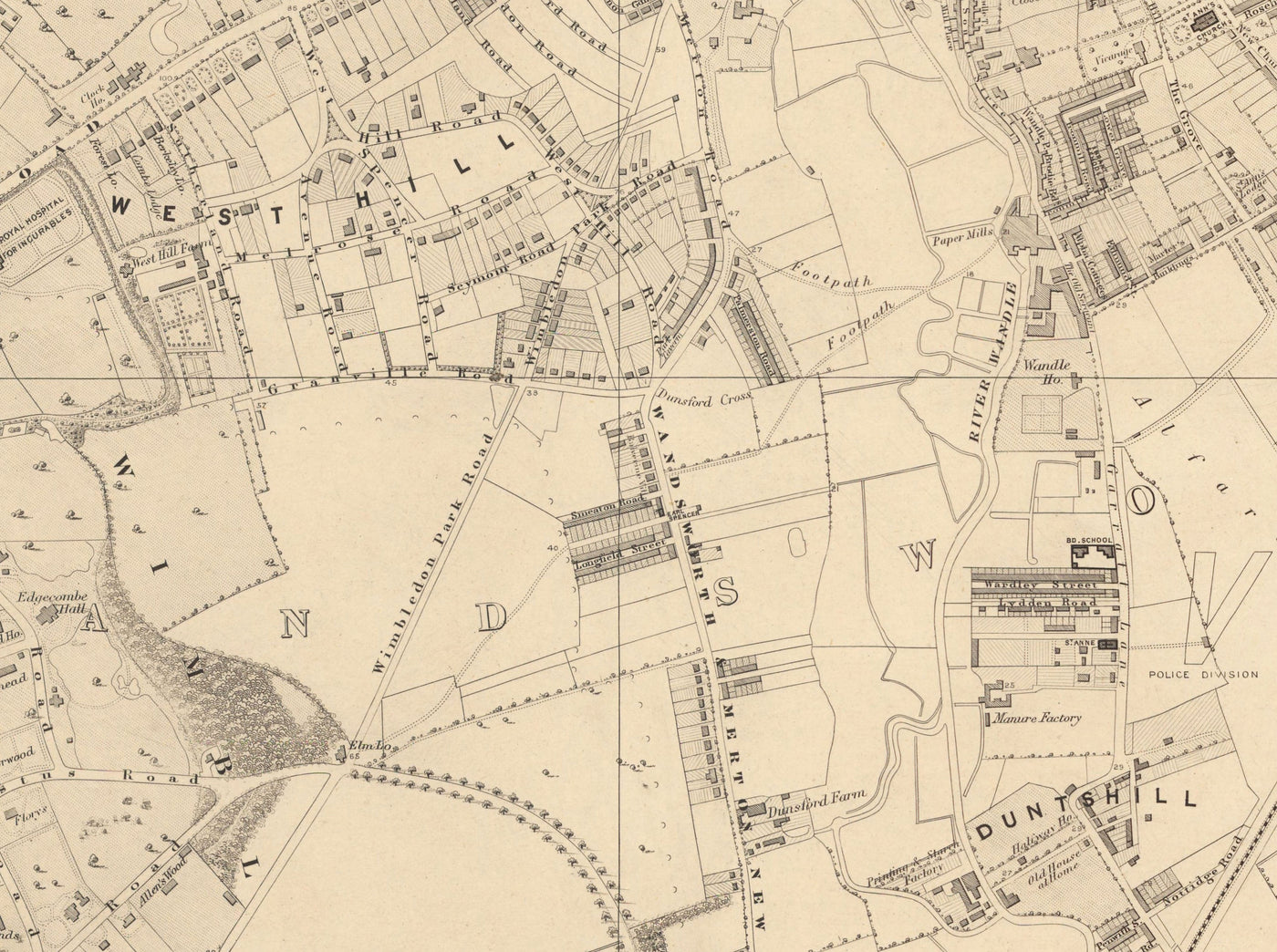 Mapa antiguo del sur de Londres por Edward Stanford, 1862 - Wandsworth, Wimbledon, Putney, Earlsfield, River Wandle - SW15, SW18, SW19