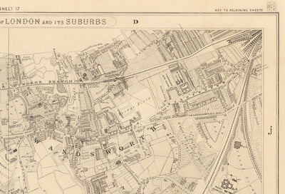 Mapa antiguo del sur de Londres por Edward Stanford, 1862 - Wandsworth, Wimbledon, Putney, Earlsfield, River Wandle - SW15, SW18, SW19