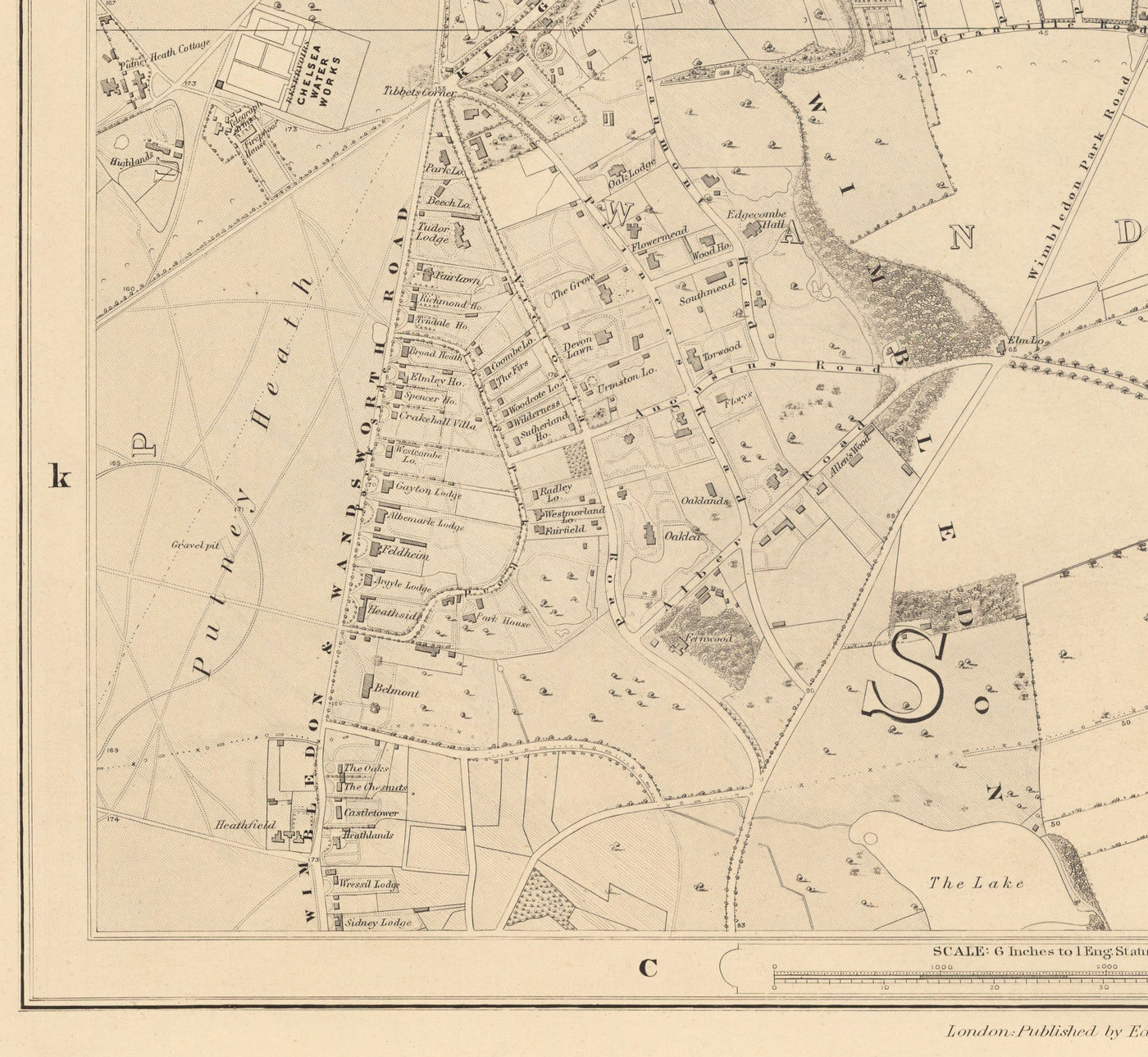 Mapa antiguo del sur de Londres por Edward Stanford, 1862 - Wandsworth, Wimbledon, Putney, Earlsfield, River Wandle - SW15, SW18, SW19