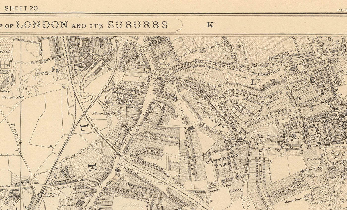 Alte Karte von Südost-London von Edward Stanford, 1862 - Lewisham, Ladywell, Brockley, Catford - SE4, SE13, SE23, SE6 