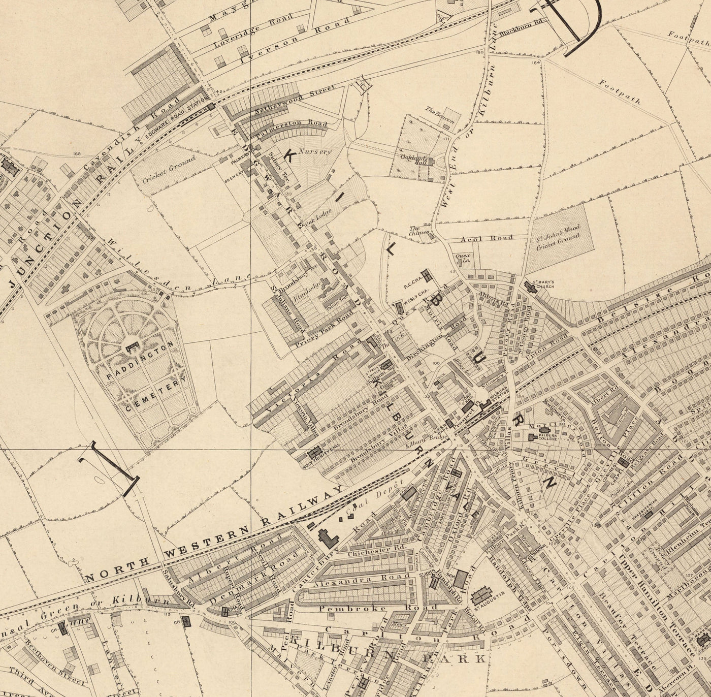 Old Map of West London, 1862 by Edward Stanford - St Johns Wood, Kilburn, Kensal Green, Finchley Rd, Willesden - NW1, N1C, N7, NW5, NW3, NW8