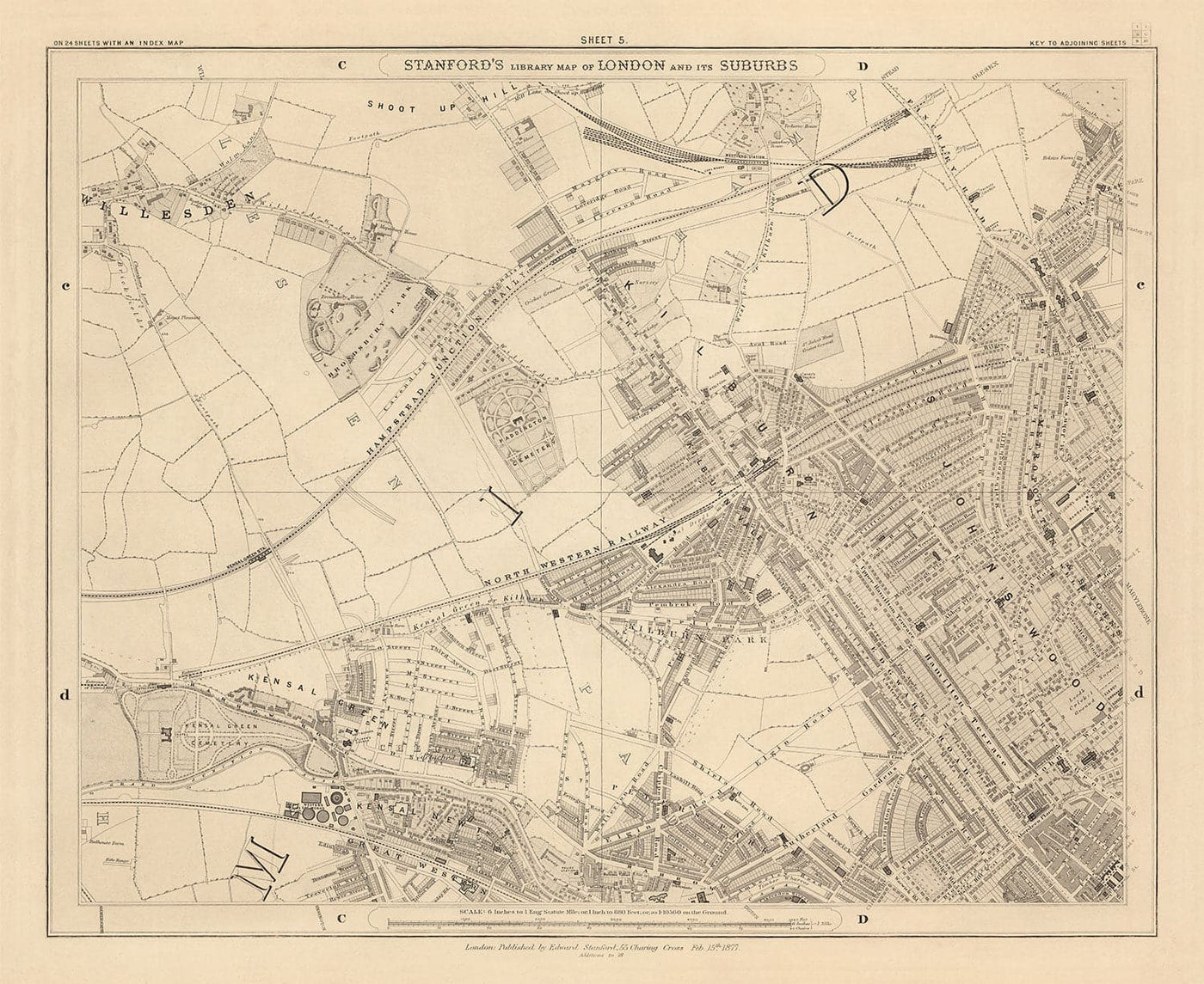 Old Map of West London, 1862 by Edward Stanford - St Johns Wood, Kilburn, Kensal Green, Finchley Rd, Willesden - NW1, N1C, N7, NW5, NW3, NW8