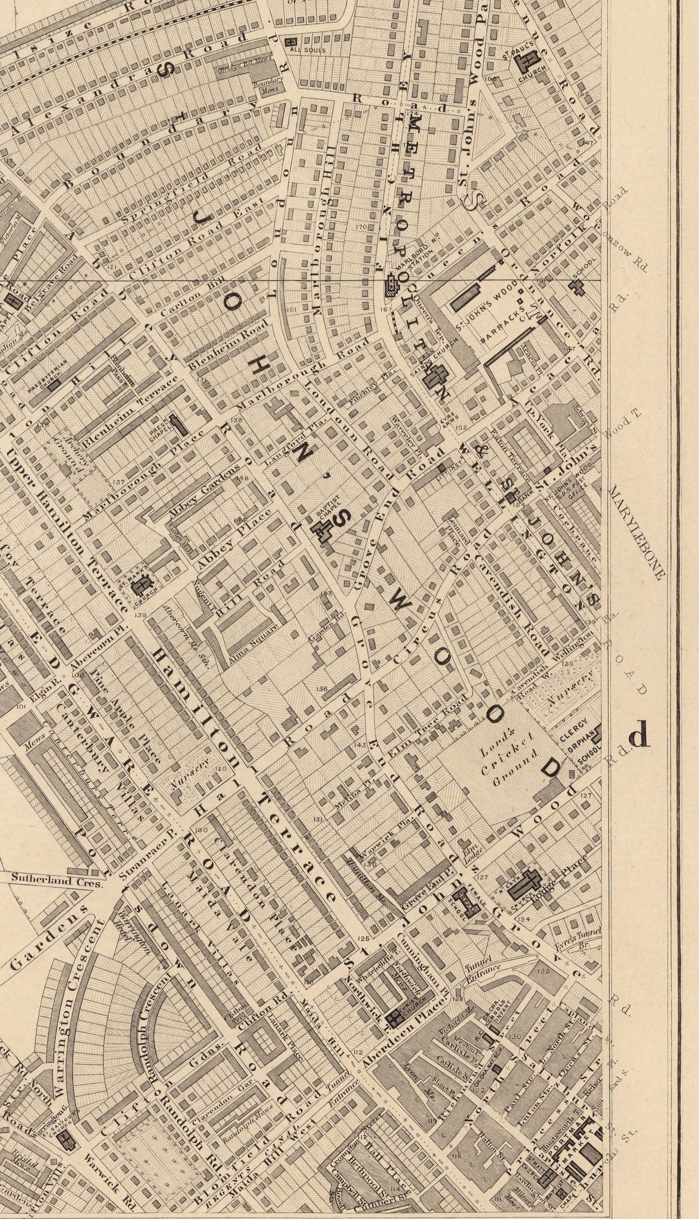 Old Map of West London, 1862 by Edward Stanford - St Johns Wood, Kilburn, Kensal Green, Finchley Rd, Willesden - NW1, N1C, N7, NW5, NW3, NW8