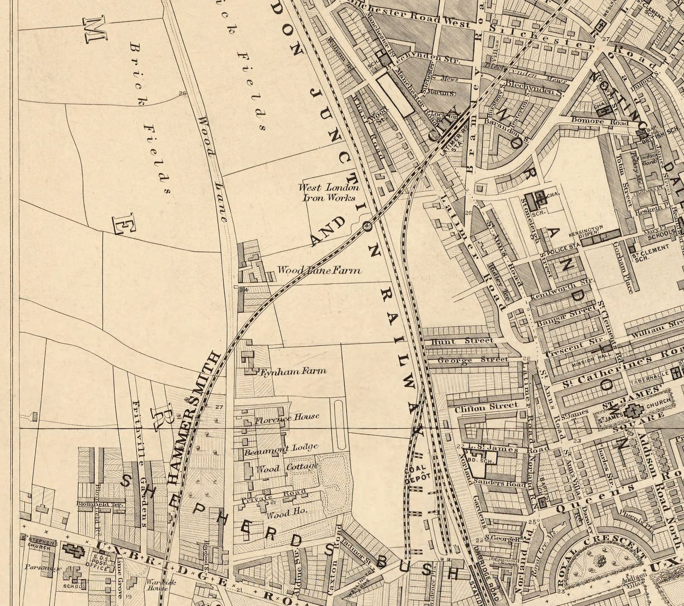 Old Map of West London, 1862 by Edward Stanford - Notting Hill, Kensington, Portobello Road, Shepherds Bush, Bayswater - W11, W2, W8, SW7, W14, W6, W12, W10