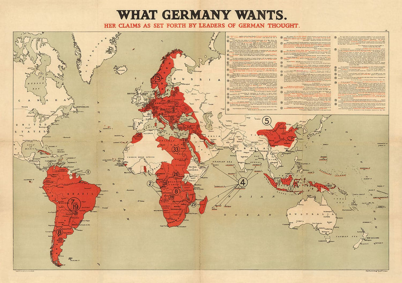 Was Deutschland will, 1916, Weltkrieg I & II Nazi-Atlas Karte 