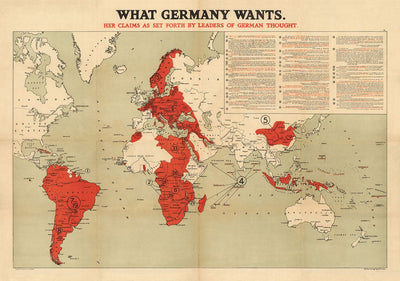 Was Deutschland will, 1916, Weltkrieg I & II Nazi-Atlas Karte 