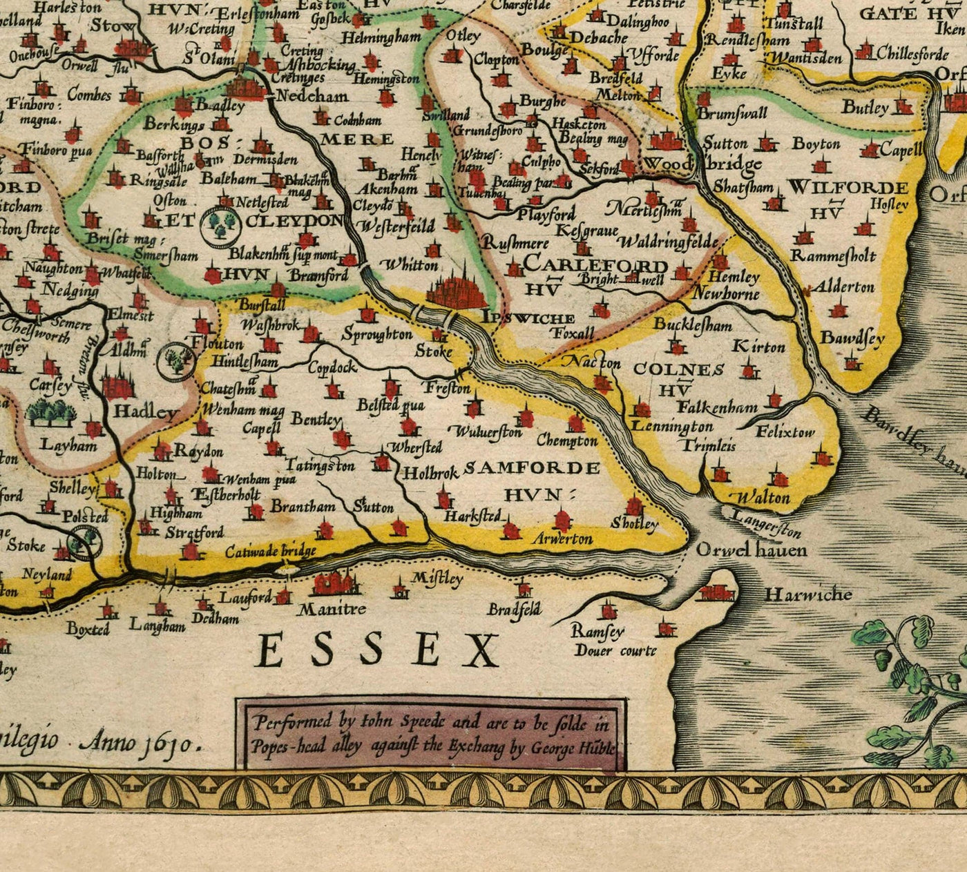 Old Map of Suffolk, 1611 by John Speed - Ipswich, Lowestoft, Bury St Edmunds, Haverhill
