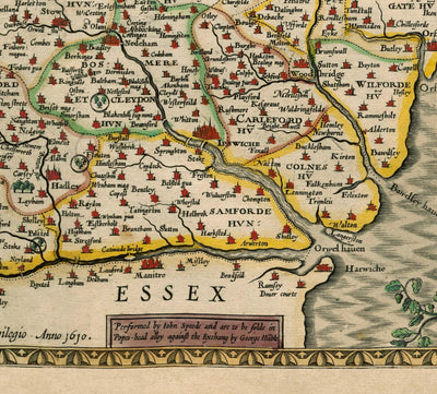 Old Map of Suffolk, 1611 by John Speed - Ipswich, Lowestoft, Bury St Edmunds, Haverhill