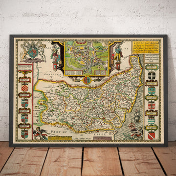 Antica mappa del Suffolk, 1611 di John Speed - Ipswich, Lowestoft, Bury St Edmunds, Haverhill 