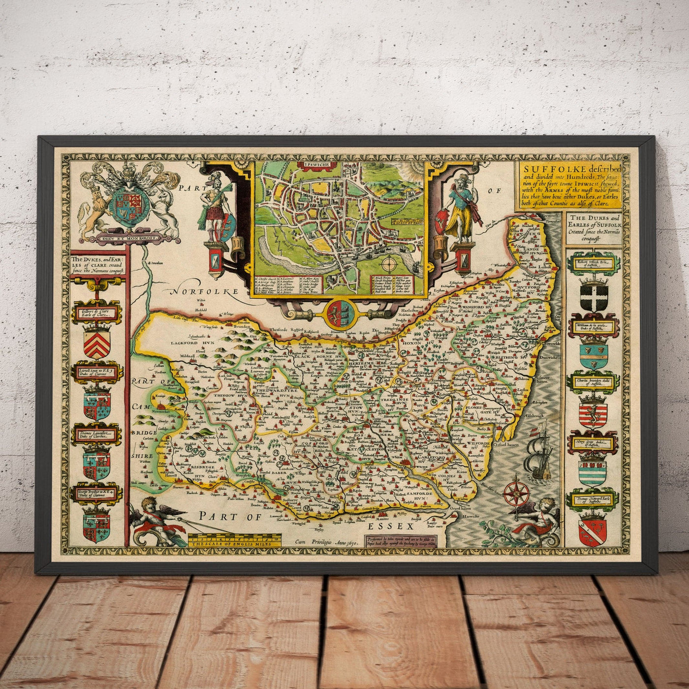 Old Map of Suffolk, 1611 by John Speed - Ipswich, Lowestoft, Bury St Edmunds, Haverhill