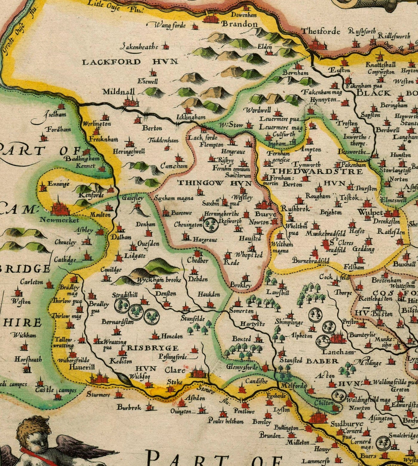 Old Map of Suffolk, 1611 by John Speed - Ipswich, Lowestoft, Bury St Edmunds, Haverhill