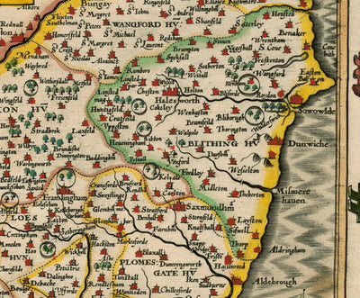 Old Map of Suffolk, 1611 by John Speed - Ipswich, Lowestoft, Bury St Edmunds, Haverhill