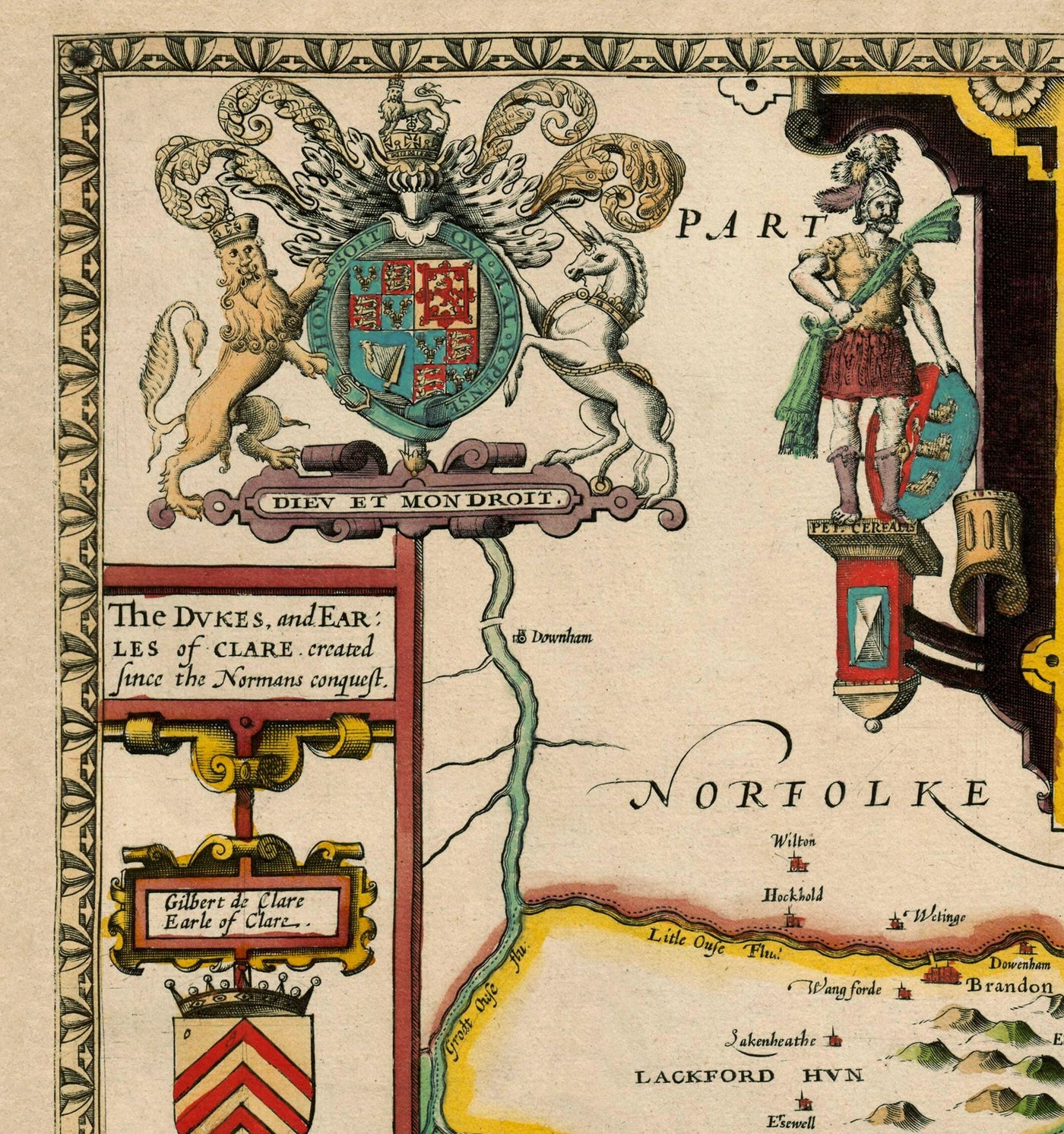 Old Map of Suffolk, 1611 by John Speed - Ipswich, Lowestoft, Bury St Edmunds, Haverhill