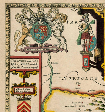 Old Map of Suffolk, 1611 by John Speed - Ipswich, Lowestoft, Bury St Edmunds, Haverhill