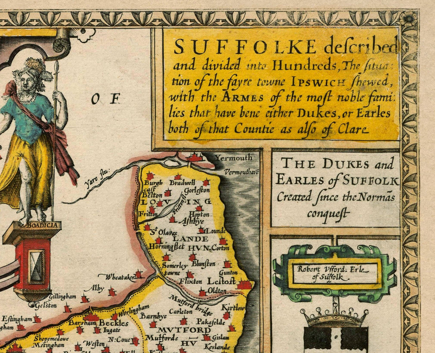 Old Map of Suffolk, 1611 by John Speed - Ipswich, Lowestoft, Bury St Edmunds, Haverhill