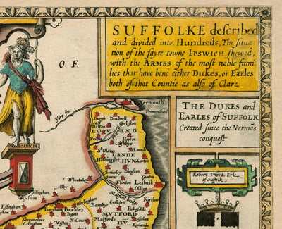 Old Map of Suffolk, 1611 by John Speed - Ipswich, Lowestoft, Bury St Edmunds, Haverhill