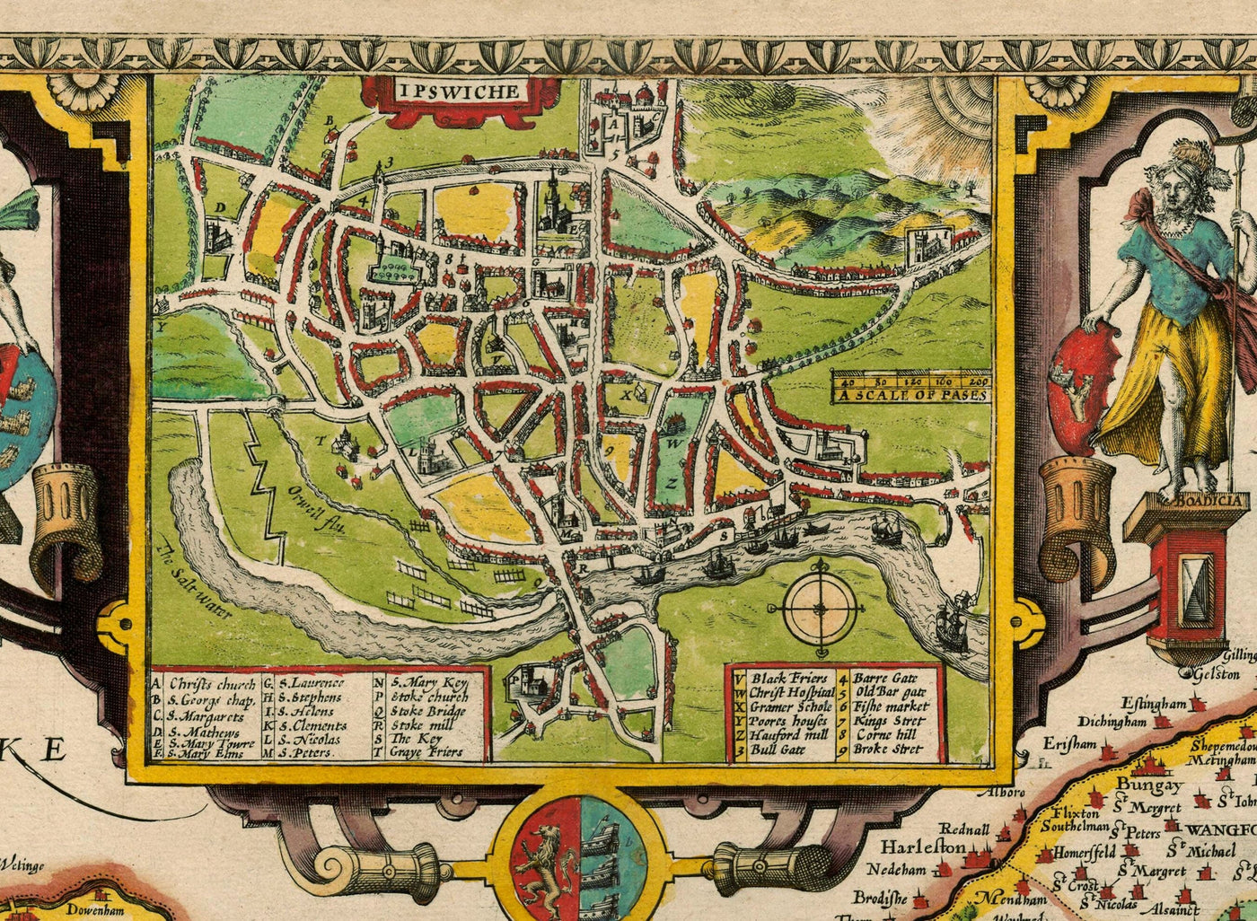 Old Map of Suffolk, 1611 by John Speed - Ipswich, Lowestoft, Bury St Edmunds, Haverhill
