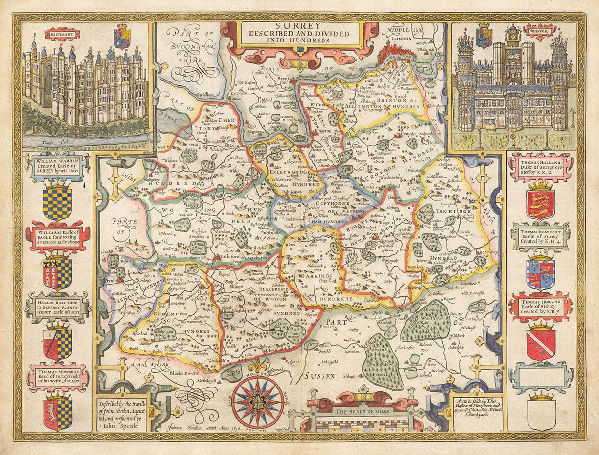 Antiguo mapa de Surrey 1611 por John Speed - Woking, Guildford, Croydon, Richmond, Esher, Cobham, Sutton, Morden