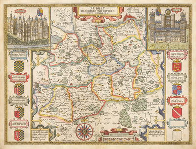 Antiguo mapa de Surrey 1611 por John Speed - Woking, Guildford, Croydon, Richmond, Esher, Cobham, Sutton, Morden