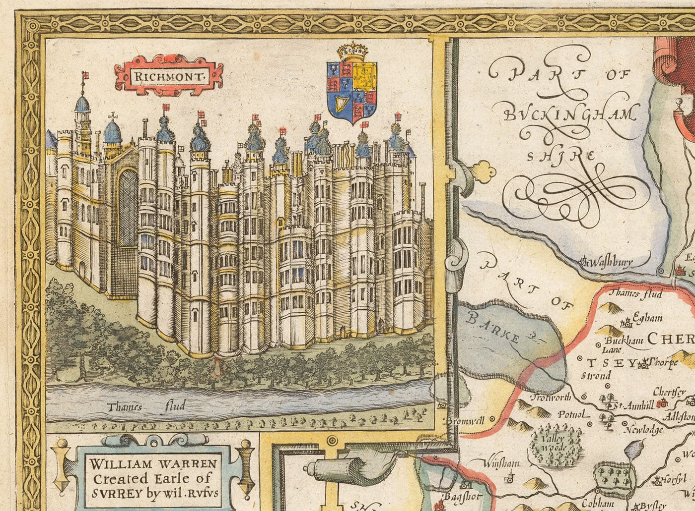 Antiguo mapa de Surrey 1611 por John Speed - Woking, Guildford, Croydon, Richmond, Esher, Cobham, Sutton, Morden