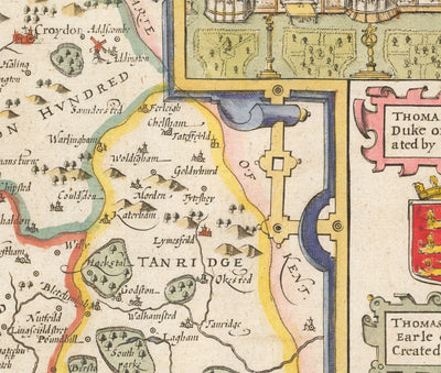Antiguo mapa de Surrey 1611 por John Speed - Woking, Guildford, Croydon, Richmond, Esher, Cobham, Sutton, Morden