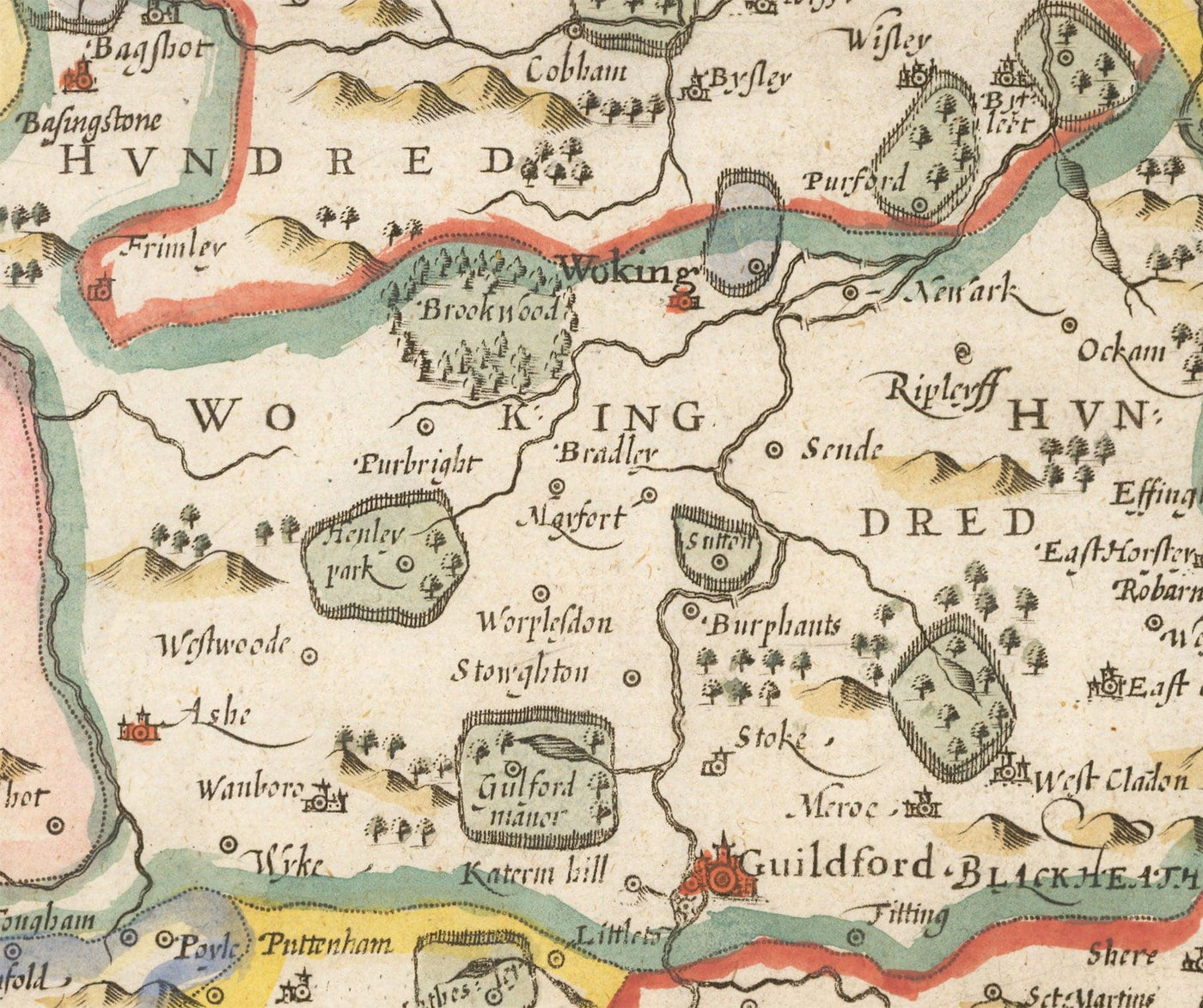 Antiguo mapa de Surrey 1611 por John Speed - Woking, Guildford, Croydon, Richmond, Esher, Cobham, Sutton, Morden