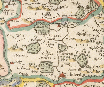 Antiguo mapa de Surrey 1611 por John Speed - Woking, Guildford, Croydon, Richmond, Esher, Cobham, Sutton, Morden