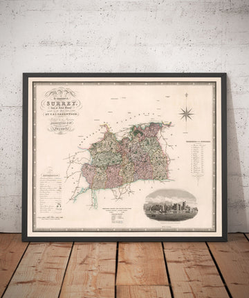 Mappa antica del Surrey 1829 di Greenwood & Co. - Woking, Guildford, Croydon, Richmond 