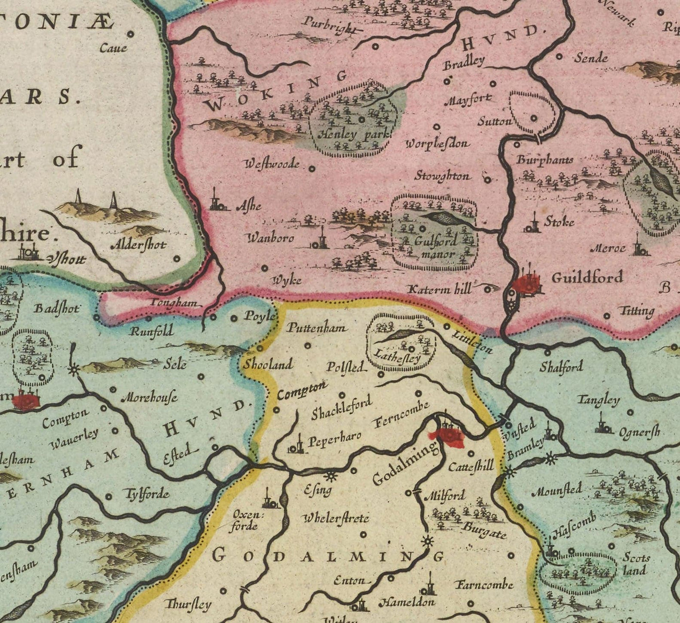 Old Map of Surrey in 1665 by Joan Blaeu - Woking, Guildford, Croydon, Richmond, Kingston, Reigate