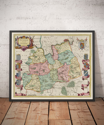 Viejo Mapa de Surrey en 1665 por Joan Blaeu - Woking, Guildford, Croydon, Richmond, Kingston, Reigate