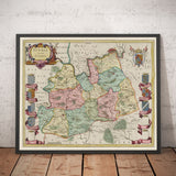 Alte Karte von Surrey im Jahr 1665 von Joan Blaeu - Woking, Guildford, Croydon, Richmond, Kingston, Reigate 