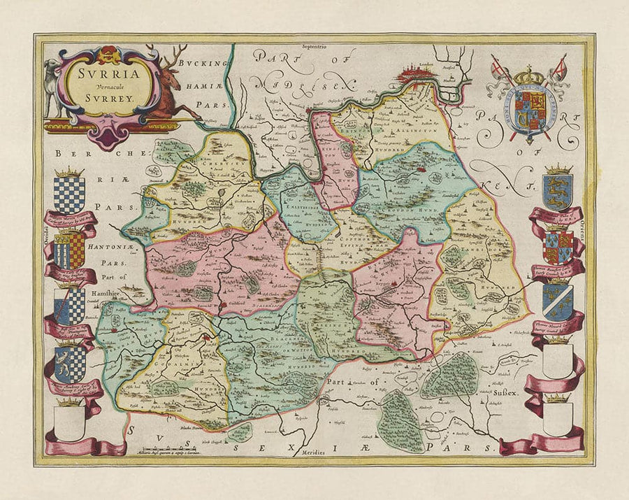 Mappa antica del Surrey nel 1665 di Joan Blaeu - Woking, Guildford, Croydon, Richmond, Kingston, Reigate 