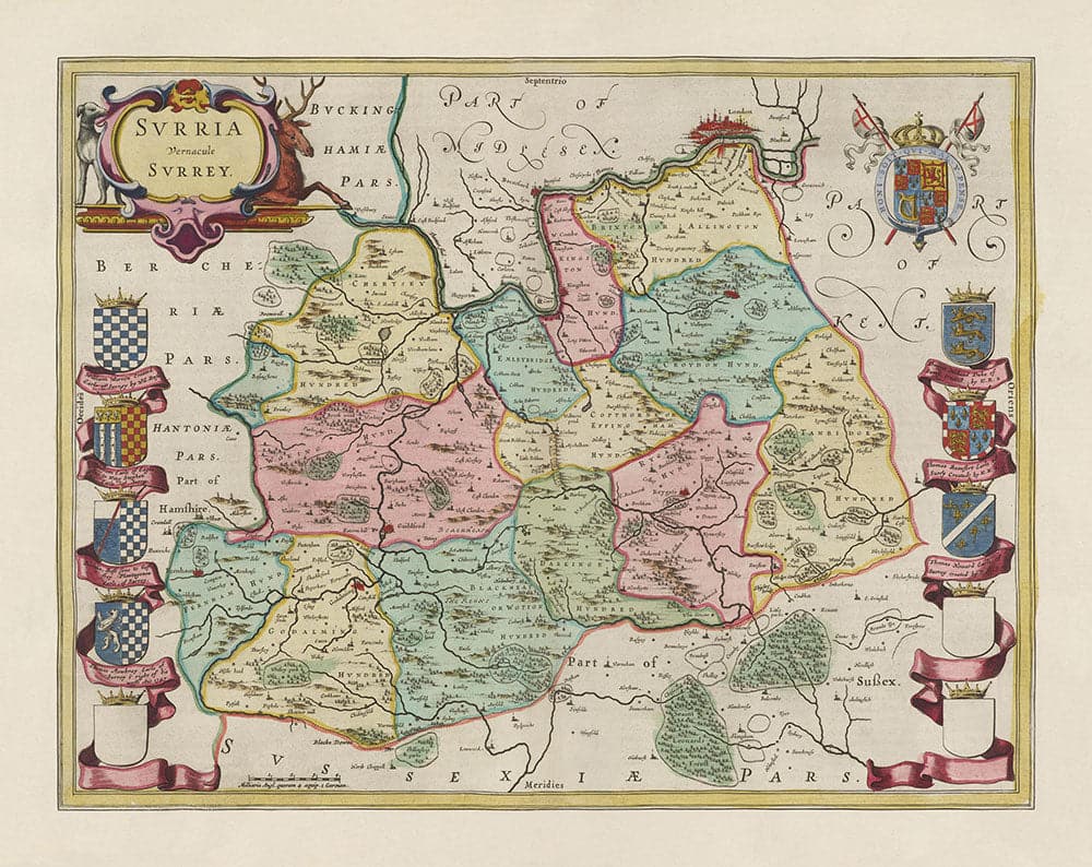 Old Map of Surrey in 1665 by Joan Blaeu - Woking, Guildford, Croydon, Richmond, Kingston, Reigate