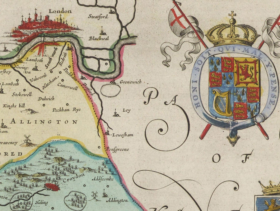 Mappa antica del Surrey nel 1665 di Joan Blaeu - Woking, Guildford, Croydon, Richmond, Kingston, Reigate 