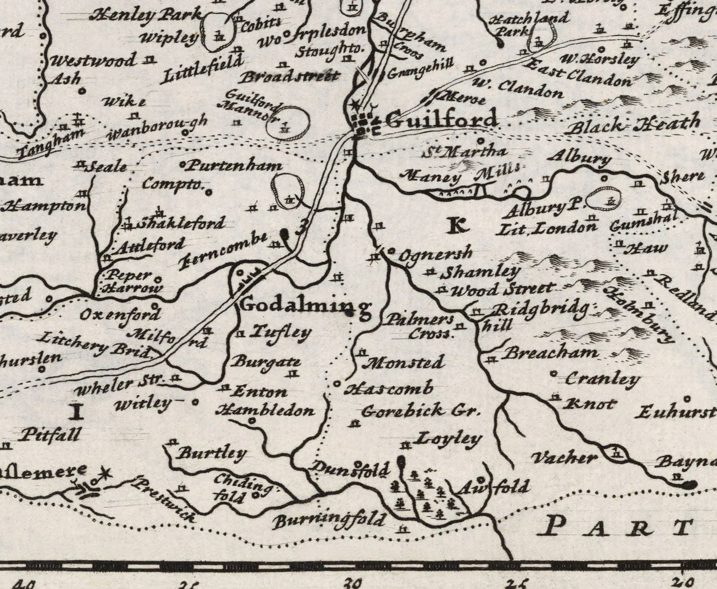 Old Map of Surrey 1724 by Herman Moll - Woking, Guildford, Croydon, Richmond, Lambeth, Southwark