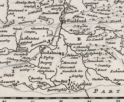 Old Map of Surrey 1724 by Herman Moll - Woking, Guildford, Croydon, Richmond, Lambeth, Southwark