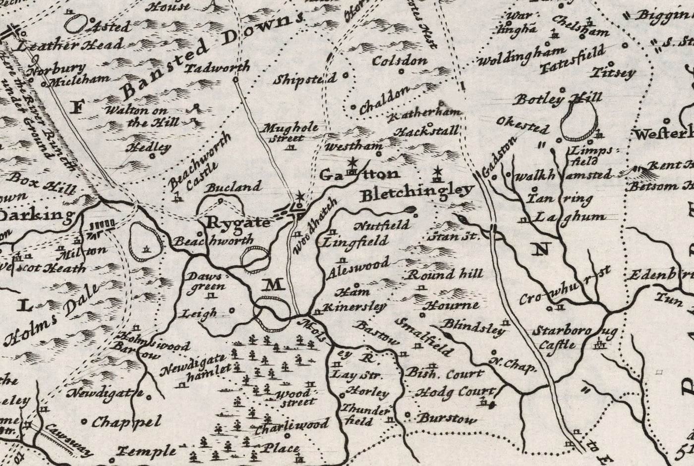 Old Map of Surrey 1724 by Herman Moll - Woking, Guildford, Croydon, Richmond, Lambeth, Southwark