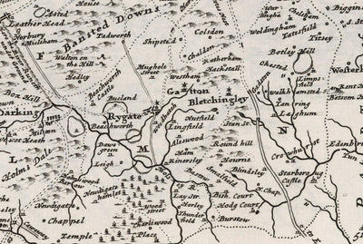 Old Map of Surrey 1724 by Herman Moll - Woking, Guildford, Croydon, Richmond, Lambeth, Southwark