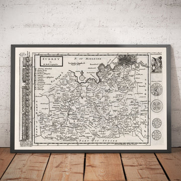Mappa antica del Surrey 1724 di Herman Moll - Woking, Guildford, Croydon, Richmond, Lambeth, Southwark 