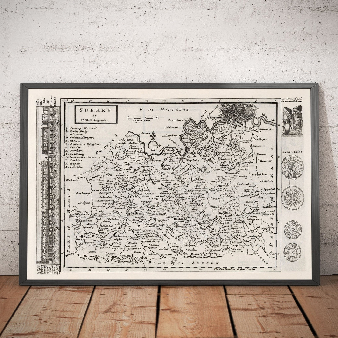 Old Map of Surrey 1724 by Herman Moll - Woking, Guildford, Croydon, Richmond, Lambeth, Southwark