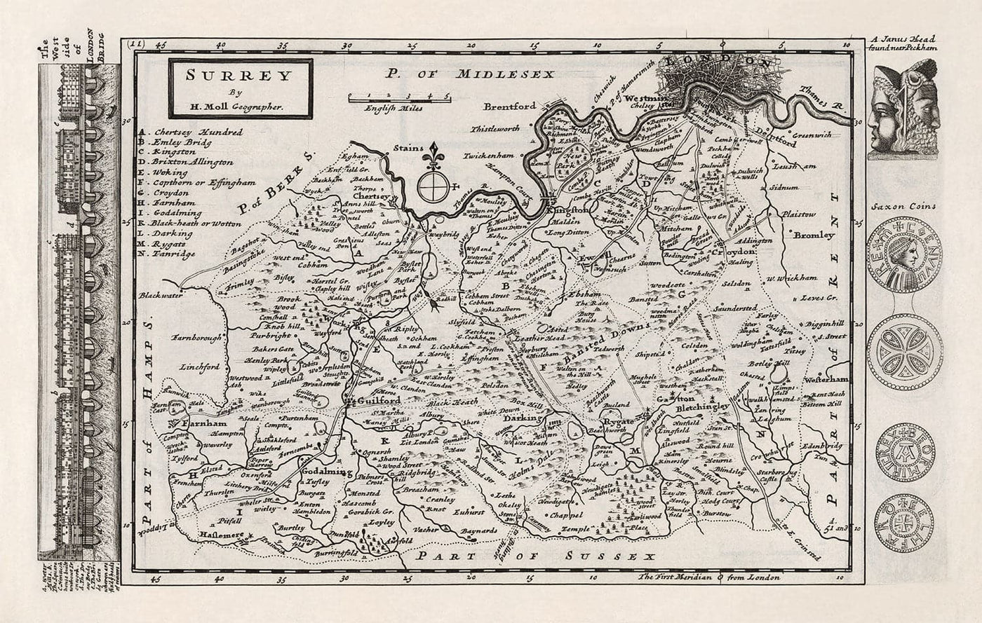 Old Map of Surrey 1724 by Herman Moll - Woking, Guildford, Croydon, Richmond, Lambeth, Southwark