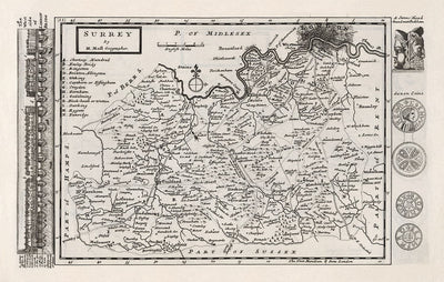 Old Map of Surrey 1724 by Herman Moll - Woking, Guildford, Croydon, Richmond, Lambeth, Southwark